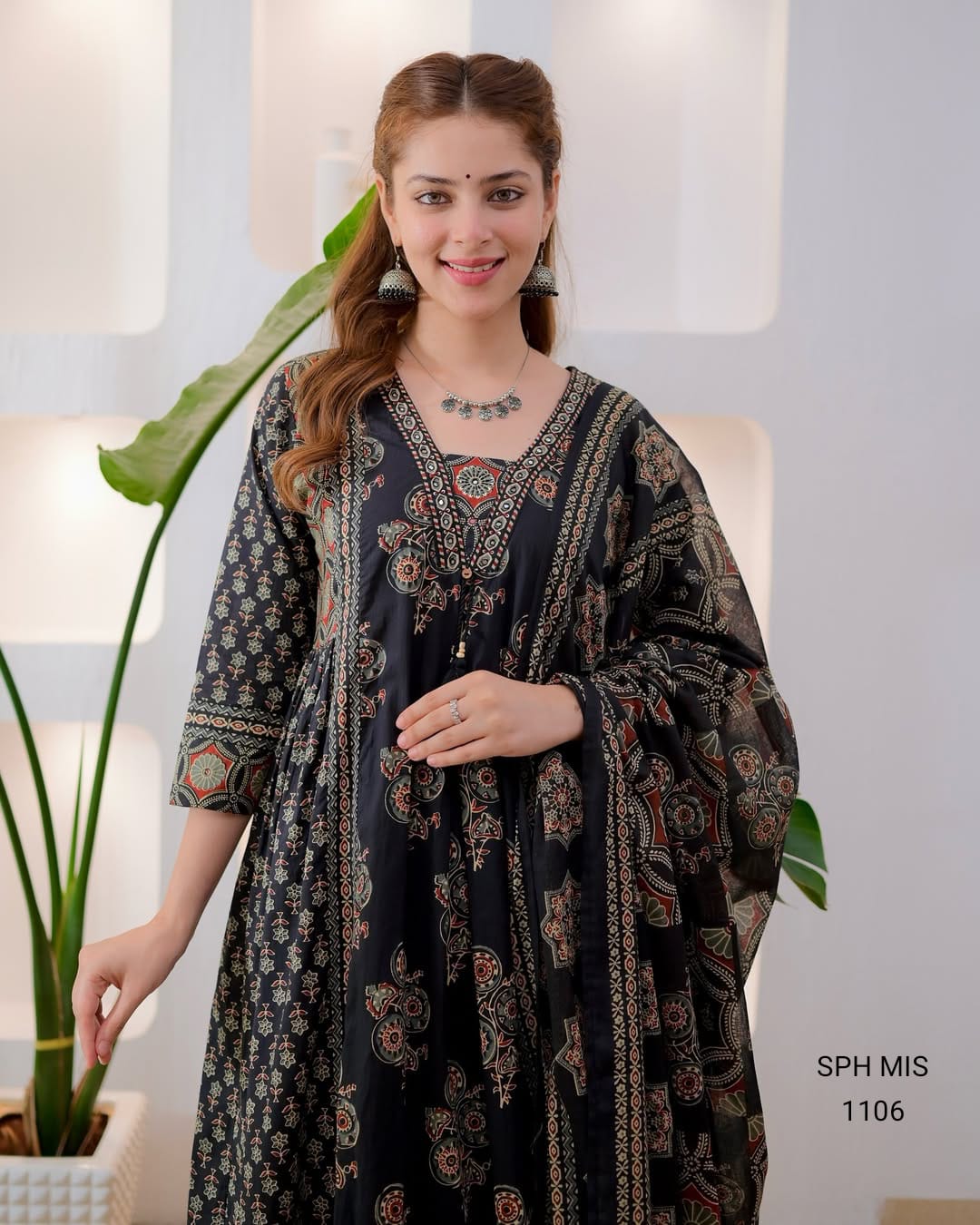 Pure Cotton Ajrakh Print Anarkali Suit Set with Handworked Neck & Dupatta